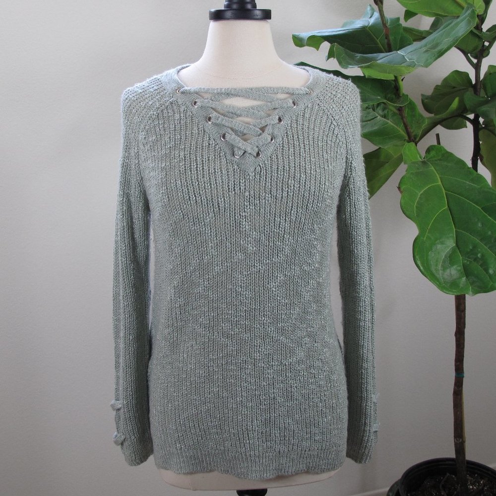 HIPPIE ROSE Lace Up Neck Sweater